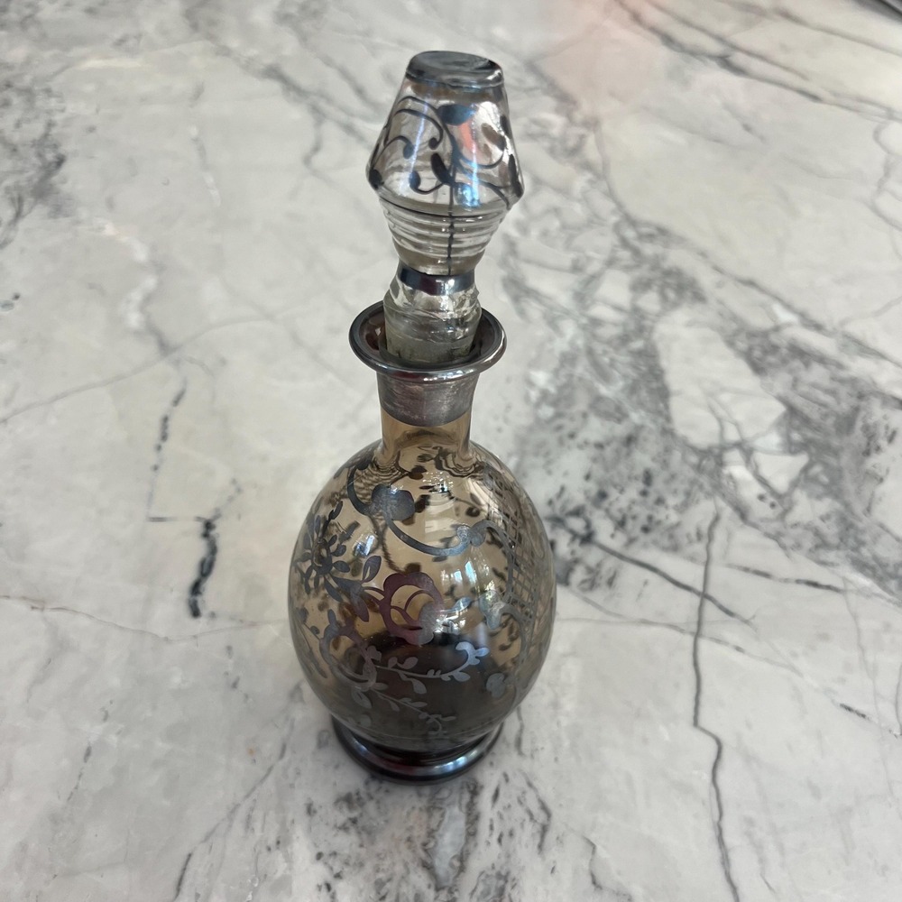 Antique bottle decanter and stopper amber glass with silver detailing